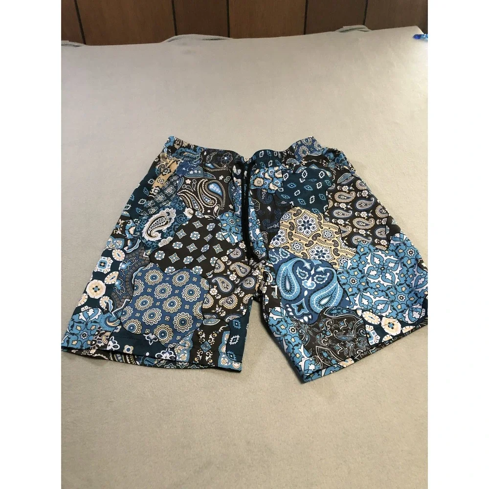 SHEIN Mens Patchwork Paisley Shorts Blue Black Drawstring Elastic Waist Size M